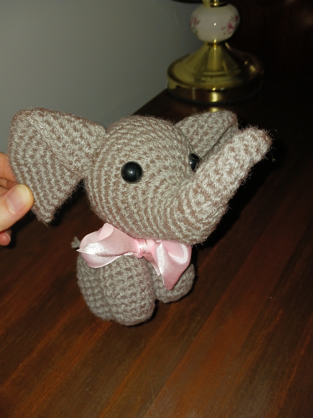 Handmade Grey Crochet Elephant Plush with Pink Bow Stuffed Animal